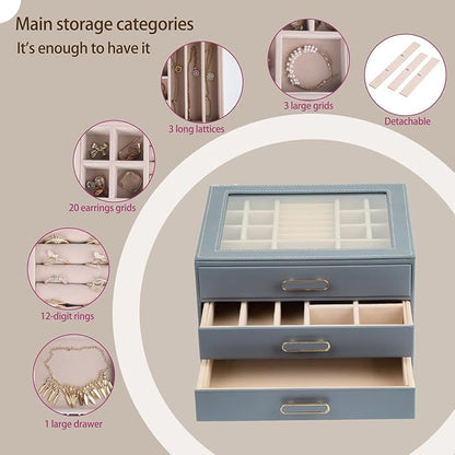 3 Layer Jewelry Organizer Box with Glass Lids & 3 Drawers - Elegant Storage Solution for Necklace, Rings，Earrings, and Bracelets - Perfect for Women ASK-301 (Grey)