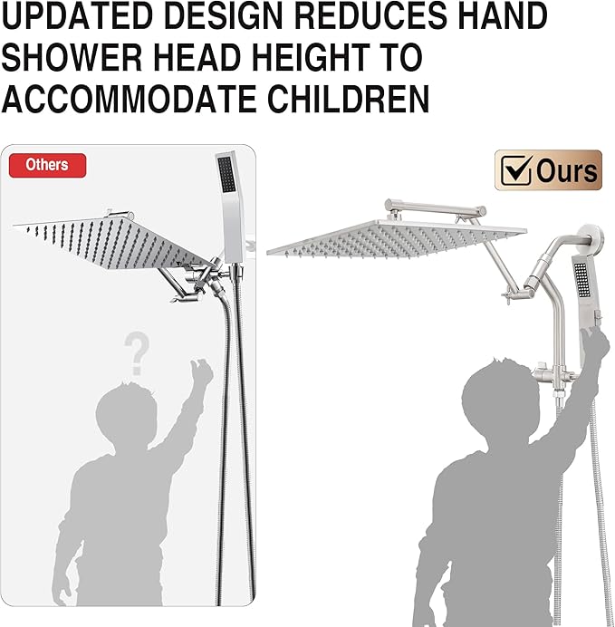 All Metal 12 Inch Rain Shower Head with Handheld Built-in Power Wash Mode, High Pressure Waterfall Rainfall Square Shower Heads with 16" Adjustable Extension Arm, Dual Showerhead(Brushed Nickel)