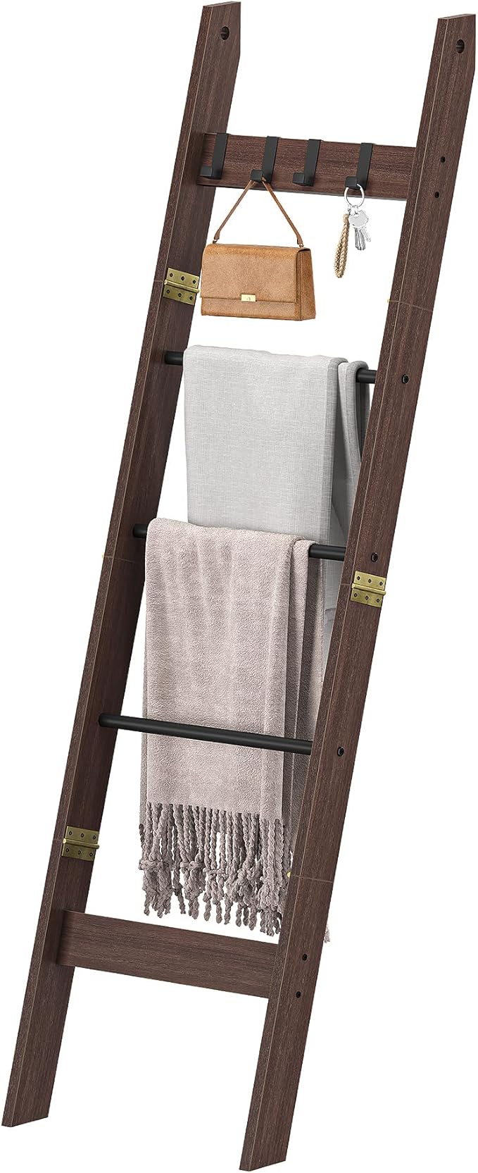 Hzuaneri Blanket Ladder for Living Room, Decorative Quilt Rack with 4 Removable Hooks, 5-Tier Farmhouse Ladder Holder Shelf Organizer for Bedroom, Black Tea Brown and Black BR02120B