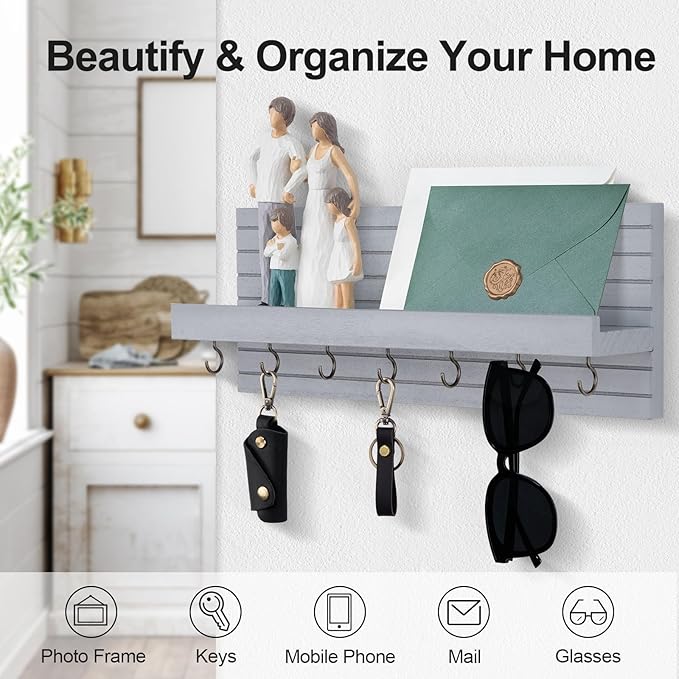 Decorative Key Holder for Wall with Shelf, Entryway Shelf with Hooks Holds Leashes, Jackets and Glasses – Sturdy Wood Keyholder Entrance Hanger with Mounting Hardware (Gray, Large)