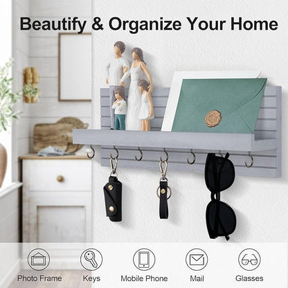 Decorative Key Holder for Wall with Shelf, Entryway Shelf with Hooks Holds Leashes, Jackets and Glasses – Sturdy Wood Keyholder Entrance Hanger with Mounting Hardware (Gray, Large)