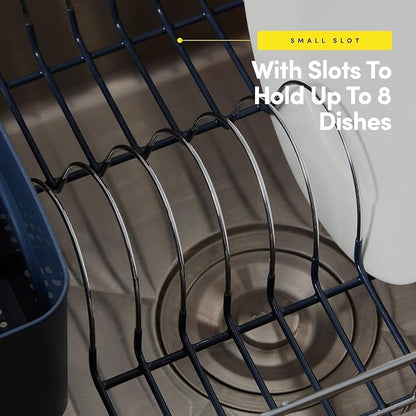 Dish Drying Rack & Cutlery Holder 2 Piece Set - Compact Sink-Fitting Dish Drainer with Rubberized Undercoating, Space-Saving Kitchen Organizer for Plates, Cups, Bowls & Utensils in Sink, Navy Blue