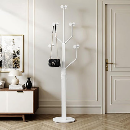 Coat Rack Freestanding with 10 Hooks, Metal Coat Rack Stand, Heavy Duty Standing Coat Tree with Sturdy Round Base for Clothes, Hat, Jacket/Entryway, Hallway, Bedroom, White