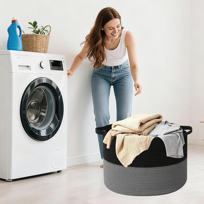 65L Large Blanket Basket,Woven Rope Laundry Basket Hamper with Handles,Decorative Nursery Basket Storage Bin for Toys, Pillows,Clothes Organizer, Living Room,Bedroom,Bathroom,Black&Dark Grey