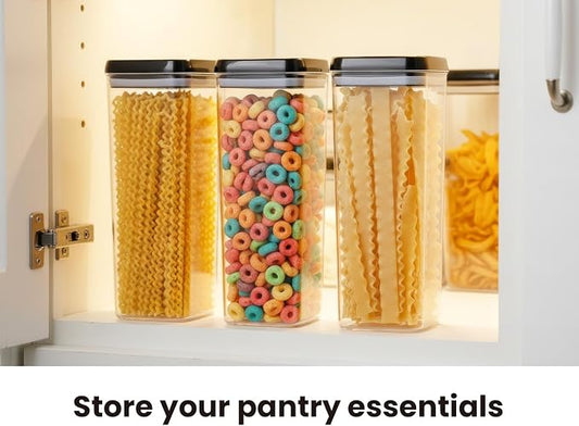 Felli Flip Tite TALL Storage Container with Lid 4" Air Tight Easy Open Ring Top, Clear Acrylic Skinny Canister Jar for Spaghetti Lasagna Fettuccine Noodle, Kitchen Cupboard Pantry Organizer (2.0 qt)