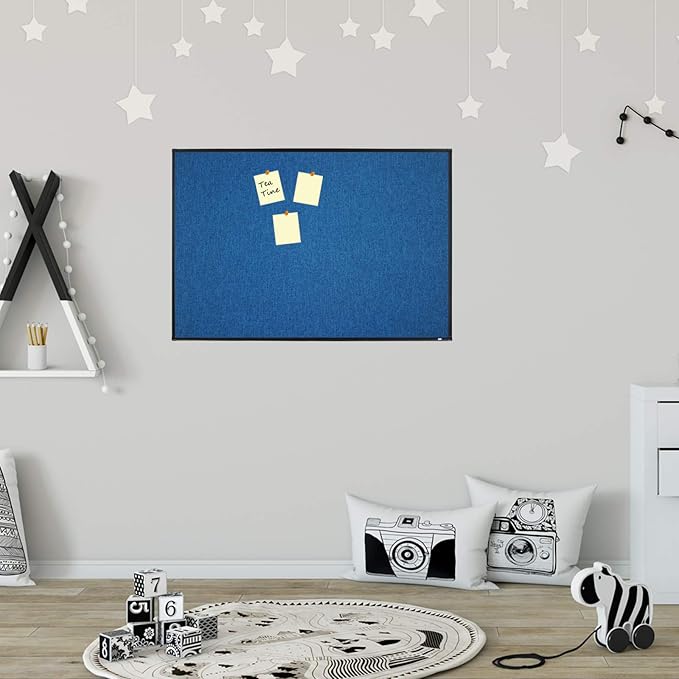 Lockways Linen Cork Bulletin Board, 36 x 24 Inch Framed Linen Fabric Pinboard, Blue Color Message Notice Wall Bulletin Cork Board for Home Kitchen Office Decorative, Black Aluminum Frame
