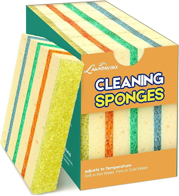 LAUNDRYLUX 12 Pack Scrub Sponge - Temperature-Responsive - 50% More Power & Rinses Cleaner Cleaning Sponges, Multipurpose Dish Sponges for Kitchens, Bathrooms, and Outdoor Use - Patent Pending