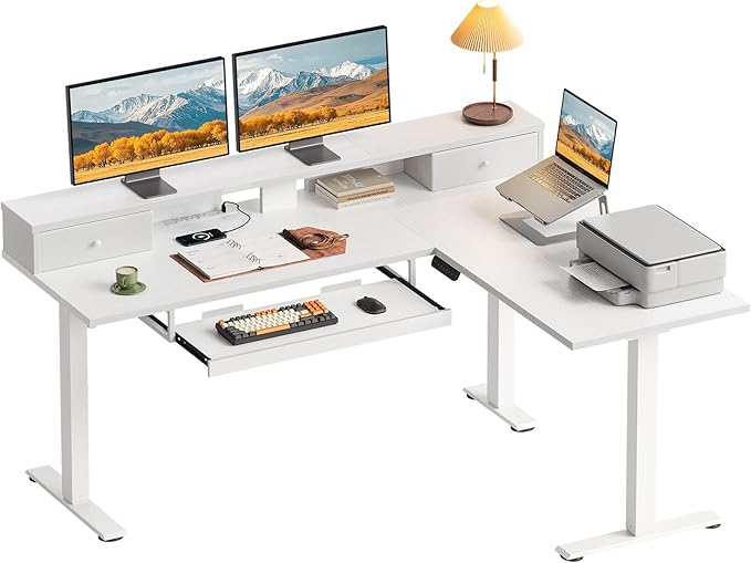 OffiGo 59 Inch L Shaped Electric Standing Desk with Drawers, Height Adjustable Corner Computer Desk with Keyboard Tray & Monitor Stand, Stand Up Table for Home Office Workstation, White