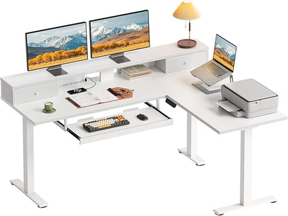 OffiGo 59 Inch L Shaped Electric Standing Desk with Drawers, Height Adjustable Corner Computer Desk with Keyboard Tray & Monitor Stand, Stand Up Table for Home Office Workstation, White
