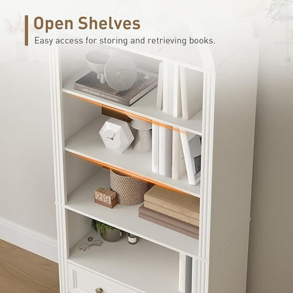 Farmhouse Arched Bookshelf, 7 Tiers Arch Bookcase with 2 Spacious Drawers, Modern Book Shelf with Open Display Shelves and Storage Cabinet, for Office, Living Room, Kitchen, Walnut and White