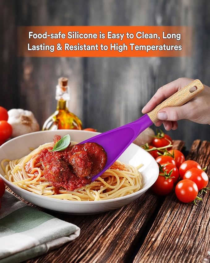 Cooking Spoon for Nonstick Cookwares, Great for Cooking and Serving Sturdy BPA-Free Matte Silicone, Wood Handle Spoon for Mixing, Scoop, and Scrape (BERRY, 11.4 inch)