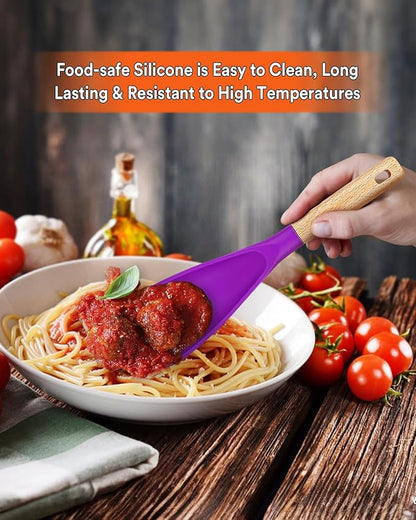 Cooking Spoon for Nonstick Cookwares, Great for Cooking and Serving Sturdy BPA-Free Matte Silicone, Wood Handle Spoon for Mixing, Scoop, and Scrape (BERRY, 11.4 inch)