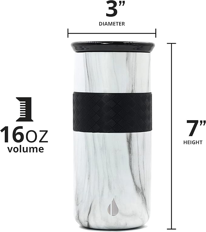 Elemental Artisan Insulated Tumbler, Triple Wall Coffee Travel Tumbler, Reusable Stainless Steel with Ceramic Lid, Thermal Coffee Cup for Hot (6 Hrs) & Cold (18 Hrs) 16oz - White Marble