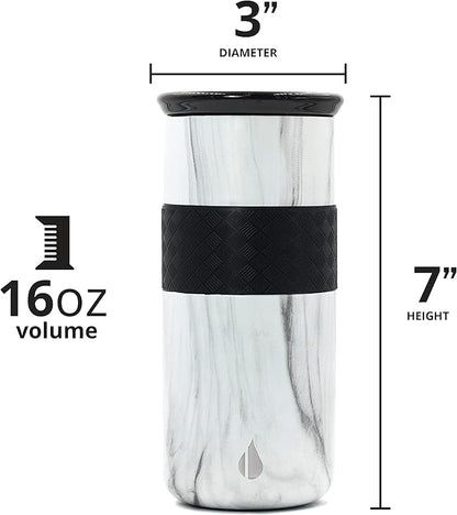 Elemental Artisan Insulated Tumbler, Triple Wall Coffee Travel Tumbler, Reusable Stainless Steel with Ceramic Lid, Thermal Coffee Cup for Hot (6 Hrs) & Cold (18 Hrs) 16oz - White Marble