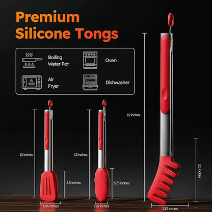 HST Tongs for Cooking with Silicone Tips(3 Pack), Non Stick Kitchen Tongs with Silicone Tip for Cooking BBQ Baking (12", Red)