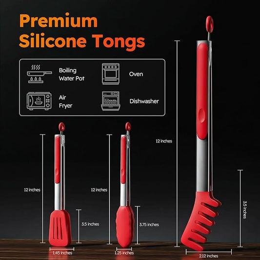 HST Tongs for Cooking with Silicone Tips(3 Pack), Non Stick Kitchen Tongs with Silicone Tip for Cooking BBQ Baking (12", Red)