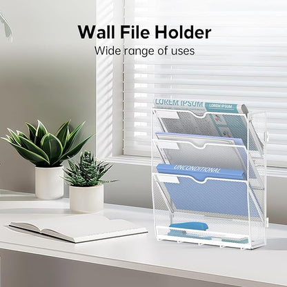 Wall File Organizer - Hanging File Organizer with 5 Hooks, Mail Holder Wall Mounted for Papers, Folders, Magazines, Bills, 4 Tier Office&School Organization, White
