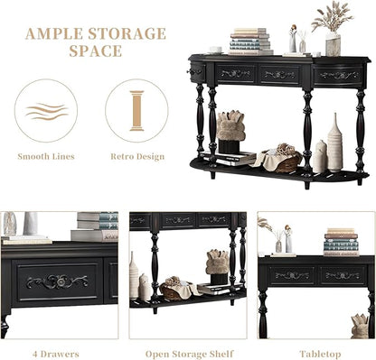 HMFULE Retro Curved Console Table, 52" Solid Wood Half Moon Console Table Sofa Table with 4 Drawers 1 Open Shelf for Living Room,Entryway,Hallway,Black