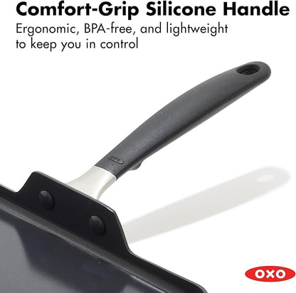 OXO 11” Non-Stick Every Day Square Griddle, BPA-Free Comfort Grip Silicone Handle, Dishwasher & Oven Safe, PFAS-Free Ceramic Skillet, Pancake Pan, Black