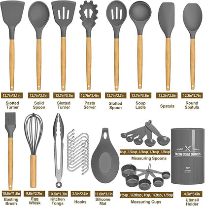 Umite Chef Kitchen Cooking Utensils Set, 33 pcs Non-stick Silicone Spatula Set with Holder, Woodle Handle Heat Resistant Gadgets Utensil (Gray)