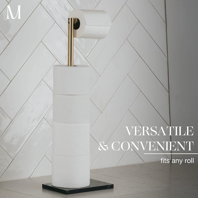 MARMOLUX ACC Free Standing Gold Toilet Paper Holder Stand with Black Marble Base and Storage | 4 Jumbo Roll Bathroom Hardware Toilet Tissue Organizer | Stainless Steel Bathroom Decor Accessory