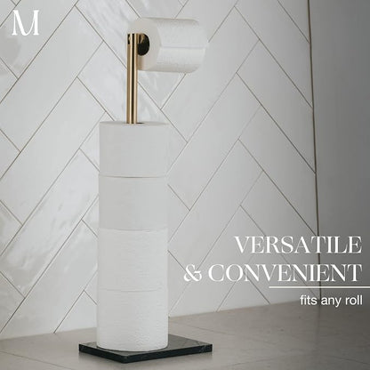 MARMOLUX ACC Free Standing Gold Toilet Paper Holder Stand with Black Marble Base and Storage | 4 Jumbo Roll Bathroom Hardware Toilet Tissue Organizer | Stainless Steel Bathroom Decor Accessory