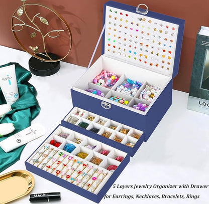 QBestry Earring Jewelry Box for Women Girls Stud Organizers, 5 Layers Navy Jewelry Organizer Box with Lock Necklaces and Earrings Holder Jewelry Box with Earring Organizer for Women Girls Xmas Gifts