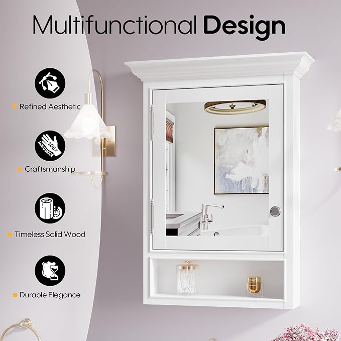 WELLFOR 24"x 32" Wall Mounted Wood Medicine Cabinet with Mirrors for Bathroom, 3-Tier Shelves and External Storage, Solid Wood Medicine Cabinet with Mirror, Anti-Fog Glass Mirror Cabinet
