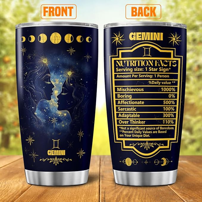 Gemini Zodiac Gift 20oz Stainless Steel Insulated Tumbler, Astrology Constellation Cup with Funny Nutrition Facts, Horoscope Themed Travel Mug for Women Men