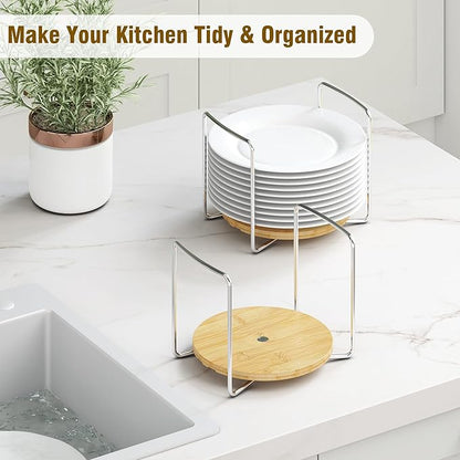Dish Rack for Kitchen Counter - Bamboo Plate Organizer for Cabinet Space Saver, 2Pcs Adjust 8.5" to 12.5" Stainless Steel Plate and Bowl Holder with Portable Handle for Drawer Cupboard Shelf RV