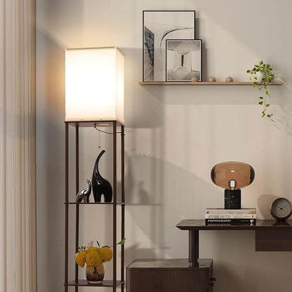 Gupuzm Floor Lamp with Shelves, Modern Square Standing Lamp with 3 Color Temperature Bulb, Corner Display Bookshelf Lamp for Living Room, Bedroom and Office (Brown-9)