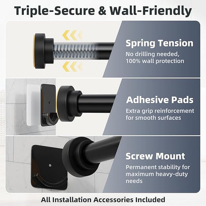 STARLATTA Long Tension Shower Curtain Rod 31-120 Inch (10ft): 1.1" Dia Rustproof Stainless Steel, No Drilling Heavy Duty, Adjustable Room Divider for Bathroom Window, Matte Black