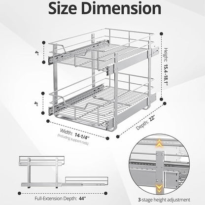 ZOINLIY Pull Out Cabinet Organizer, Versatile Slide Out Kitchen Organizers and Storage,Heavy Duty Drawer Cupboard Storage Basket, Smooth Sliding, Chrome Finish (2-Tiers-14¼''W×22“D)