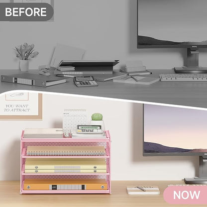 Subekyu Paper Letter Tray Organizer for Desk, Pink Metal Mesh Desk File Sorter Organizer with Handle and 2 Sliding Trays for Home Office School Supplies Organization
