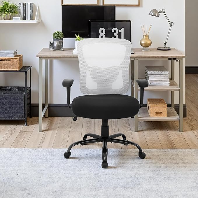 BestOffice Big & Tall Office Chair, 400 lb Capacity Mesh Desk Seating with Lumbar Support, Wide Seat, Adjustable Arms, Rolling Swivel High-Back Ergonomic Executive Task Model for Home Office, White