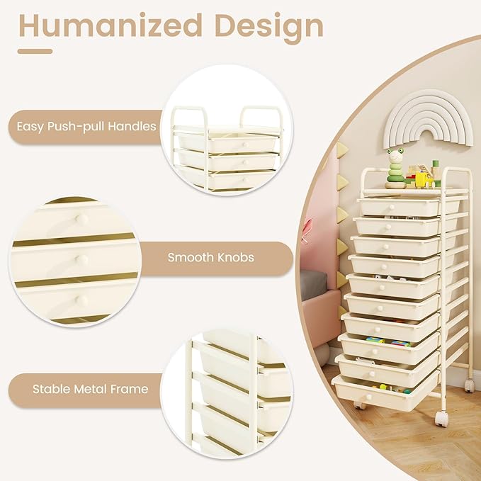 RELAX4LIFE 10 Drawer Rolling Cart - Slim Storage Cart w/Lockable Wheels for Classroom School Teacher Office, Art Supplies Paper Scrapbook Craft Organizers, Utility Cart with Drawers (White)