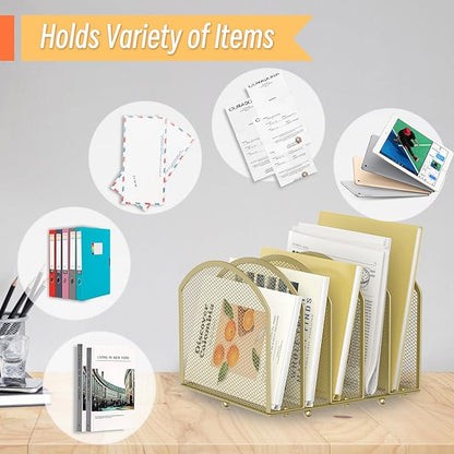 Desk File Organizer 5 Sections Desktop Organizer File Sorter Office Organization File Folder Holder for Office School & Classroom (Gold, 5 Section - 1Pack)