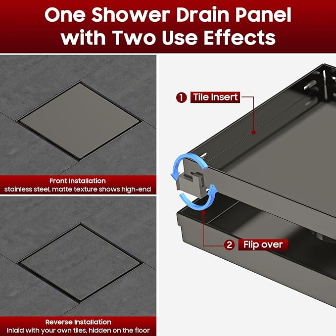 DLONE Square Shower Drain | 6 Inch Gun Gray AISI 304 Stainless Steel Shower Drain with Tile Insert Panel, Shower Floor Drain in Bathroom, Balcony etc