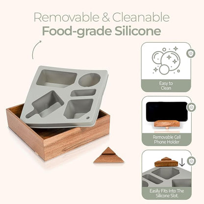 Silicone Couch Cup Holder Tray – Handy Silicone Acacia Couch Caddy with Cup Holder & Phone Stand – Waterproof Anti-Spill Snack & Bed Caddy Organizer Sofa Tray for Drinks, Snacks, & Remotes (Gray)
