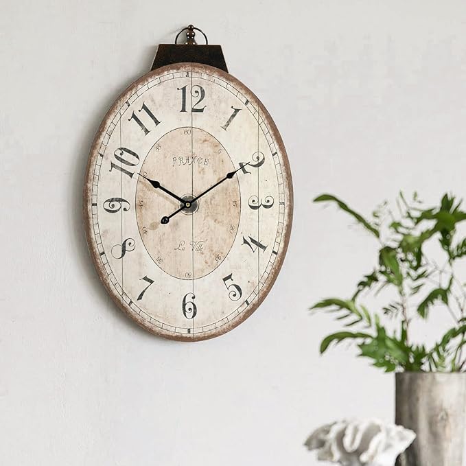 MODE HOME Large French Country Oval Wall Clock for Living Room Decor, 18 x 29 Inch Rustic Farmhouse Wall Clock Decorative, Solid Wood Frame with Iron Hanging Ring, Silent Non-Ticking Battery Operated
