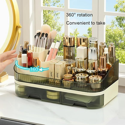 Makeup Organizer with Dual Drawers - Large Capacity Countertop Cosmetic Storage for Skincare Vanity Bathroom
