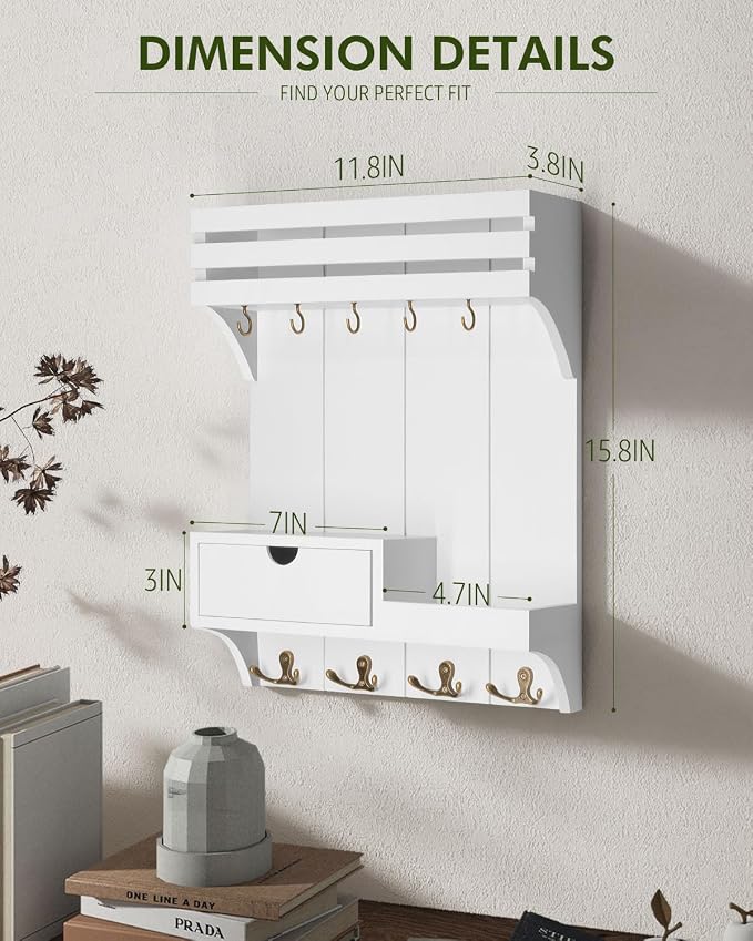 Rebee Vision Decorative Key Holder Wall Mount for Home Decor - Stylish Mail Organizer with 9 Key Hooks and Mini Drawer Organizer for Apartment Essentials - Room Decor Aesthetic (White)