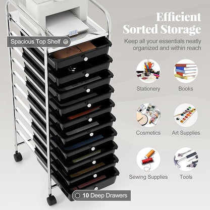 RELAX4LIFE 10-Drawer Rolling Storage Cart, Utility Cart with Metal Frame, Lockable Wheels & Removable Drawers, Multipurpose Art Craft Organizer for Home Office Classroom (Black)
