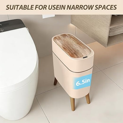 suyika Automatic Trash Can, 2.6 Gallon/10L Bathroom Trash Can with Lid - Wood Grain Lid and Legs, Touchless Waterproof Garbage Bin for Bedroom, Bathroom, Office, Living Room