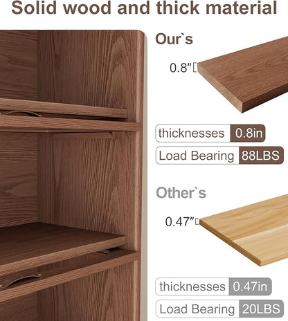 Solid Wood Bookcase 5 Tier Bookshelves with Tempered Glass Flip-Up Doors 72Hx13.7Dx32W" Brown Finish Cube Storage Organizer, Bookshelf Versatile Pantry Cabinet with Storage for Kitchen Home Office