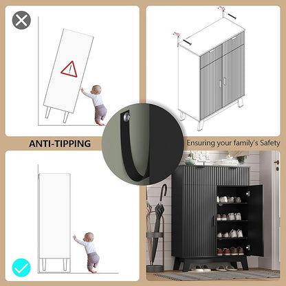 Shoe Cabinet Storage for Entryway, 4 Tier Fluted Shoe Storage Cabinet with 2 Drawers, Narrow Hidden Shoe Organizer with Adjustable Shelves, Freestanding Shoe Rack for Entryway, Hallway, Black