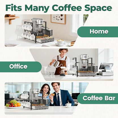 EsLuker.ly Coffee Bar Station Organizer with K Cup Drawer, Pod Holder Storage Rack with 7 Mug Hooks for Countertop, Wooden Coffee Machine Maker Stand for Home Office, Space-Saving for Coffee Lovers