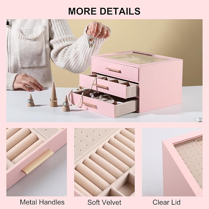 Frebeauty Clear Lid Jewelry Box,3-Layer Jewelry Organizer with Drawer,PU Leather Jewelry Organizers and Storage,Jewelry Boxes for Women,Jewelry Storage for Rings Earring Stud,Gift for Women(Pink)