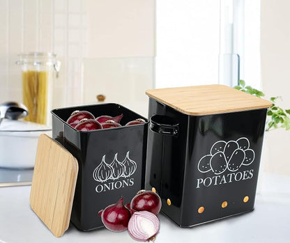 Kitchen Vegetable Storage Tins Set of 2, Onion and Potato Storage Bins with Wooden Lid and Aerating Holes, Garlic Bin Caddy, Vintage Kitchen Decor, Black