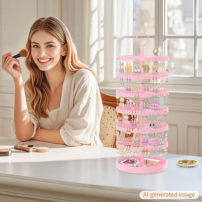 iDavosic.ly 6 Tier Rotating Earring Holder Organizer with Metal Tray, Adjustable Plastic Dangle Display Stands Tree with 342 Grooves, Large Hoop Storage Rack Tower, Pink